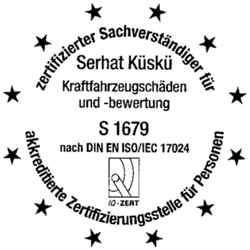 Schwarz weißes rundes Siegel mit Sternen und Text zur Zertifizierung von Serhat Küskü